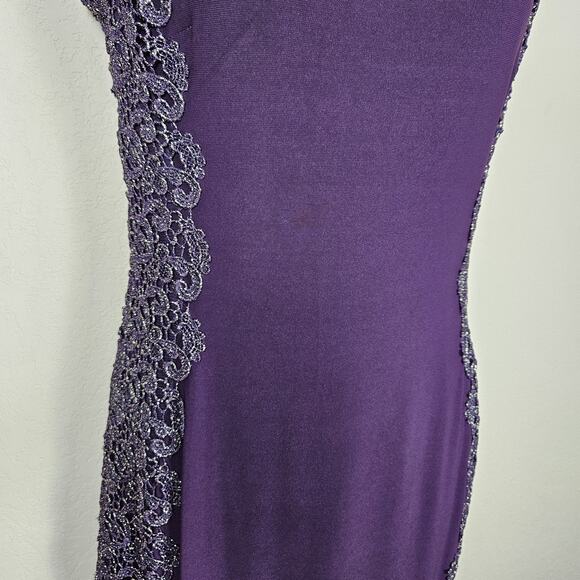 XSCAPE Purple Crochet Lace Column Gown Formal Dress 4 Sheer Stretch Event Party - Picture 7 of 16